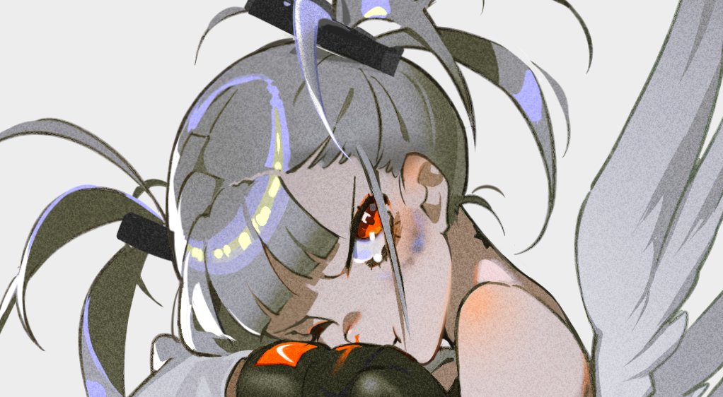a closeup illustration features an animestyle girl with white hair and angel wings. she's drawn with a fierce expression, wearing black gloves and seemingly about to strike a fighting pose.  her red eyes and the motion lines in her hair create a sense of dynamism and action. the overall color palette is muted with grays and whites, accented by pops of red and orange.