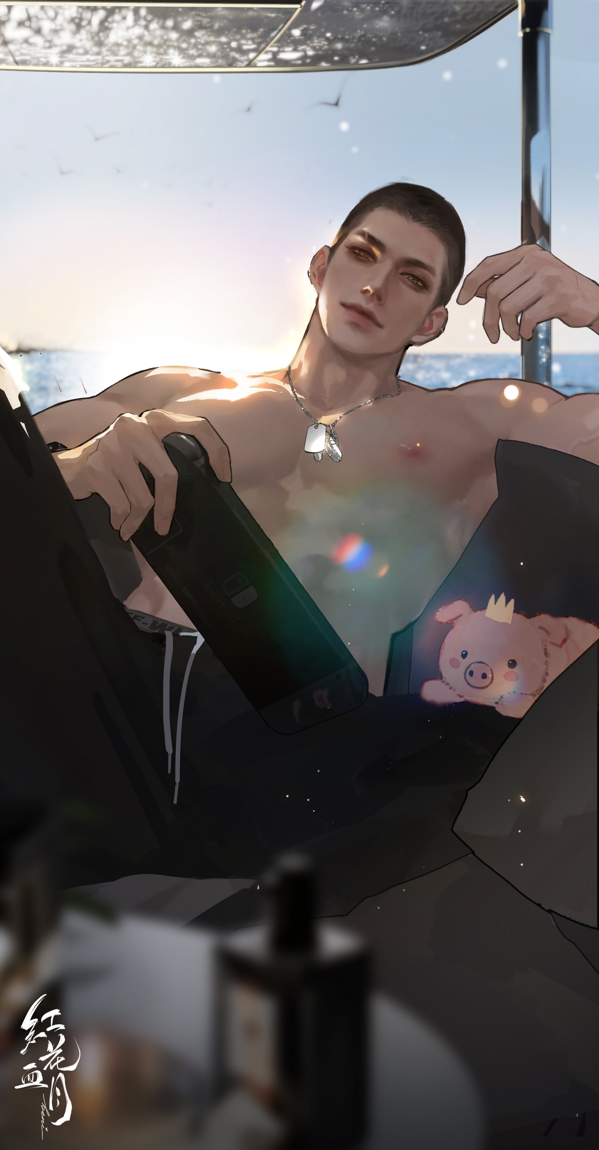 a handsome young man in sunglasses, is sitting on a boat and relaxing on a sunny day.  he is shirtless, showing off his toned physique.   he looks happy and carefree, enjoying his time on the water.