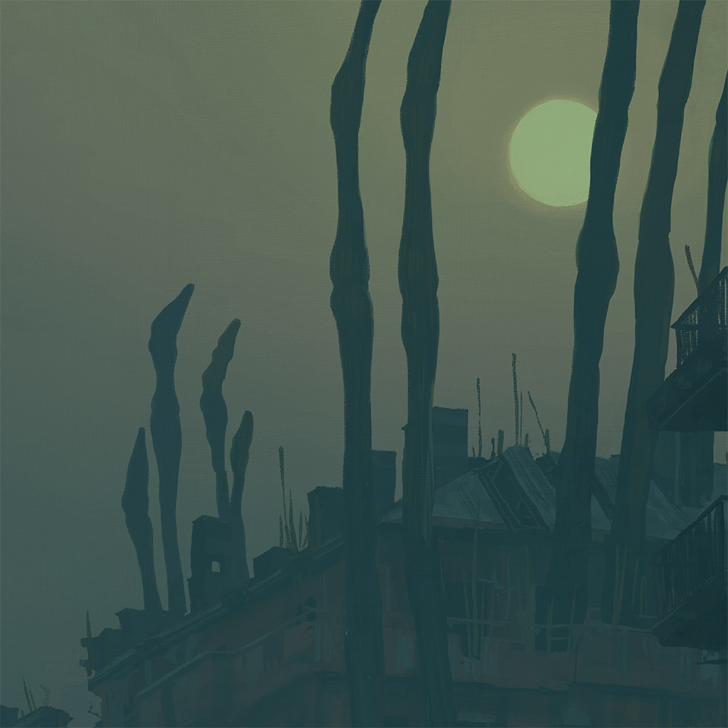 a dark and mysterious cityscape is silhouetted against a foggy, misty sky. tall, slender structures rise up from the ground, their tops disappearing into the fog. a large, round moon hangs high in the sky, casting an eerie glow on the scene. the overall atmosphere is spooky and unsettling, hinting at something sinister lurking in the shadows.