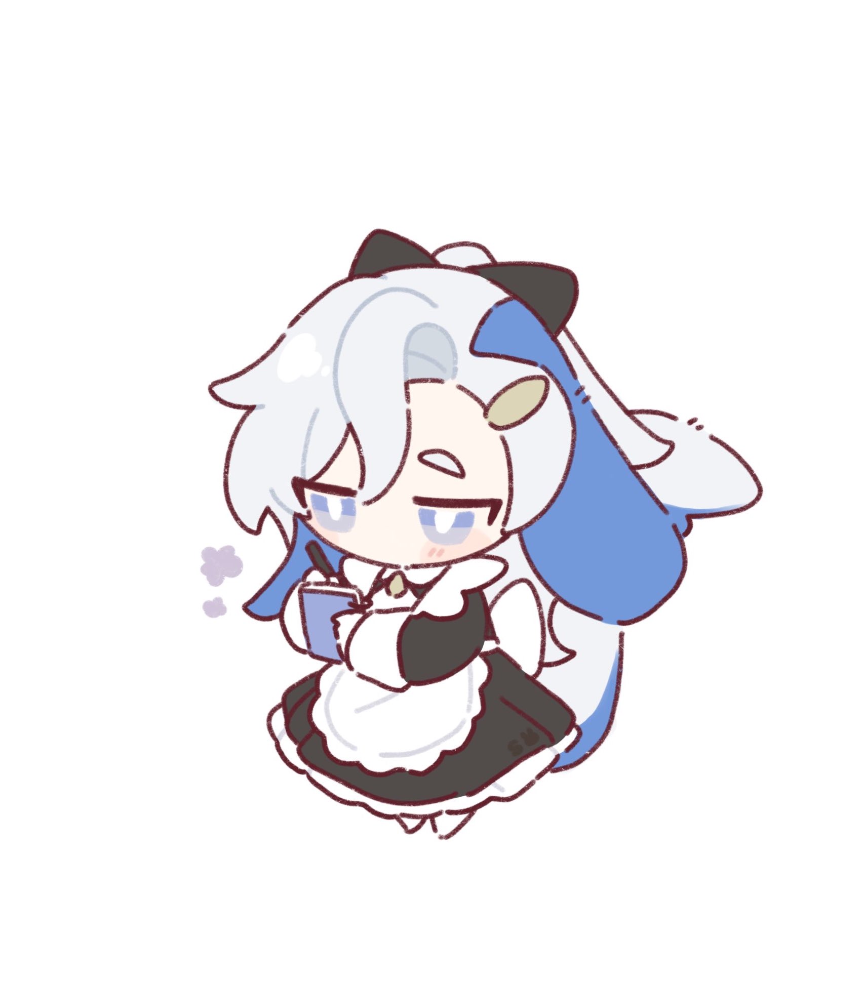 he image is a cute chibistyle drawing of an anime girl. she has white and blue hair styled in pigtails with black bows. she's wearing a maid outfit and appears tired while holding a notebook and pen. the art style is simple and soft, with pastel colors.