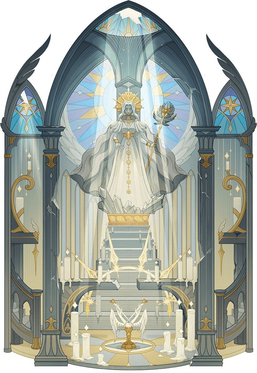 an illustration of a grand, cathedrallike structure with a statue of an angellike figure at the top of a staircase. the statue is adorned with a crown and holds a staff. light shines through a stained glass window behind the statue, illuminating the scene. the architecture features columns and ornate details, characteristic of a fantasy church or temple. candles and decorative elements are placed throughout the scene.