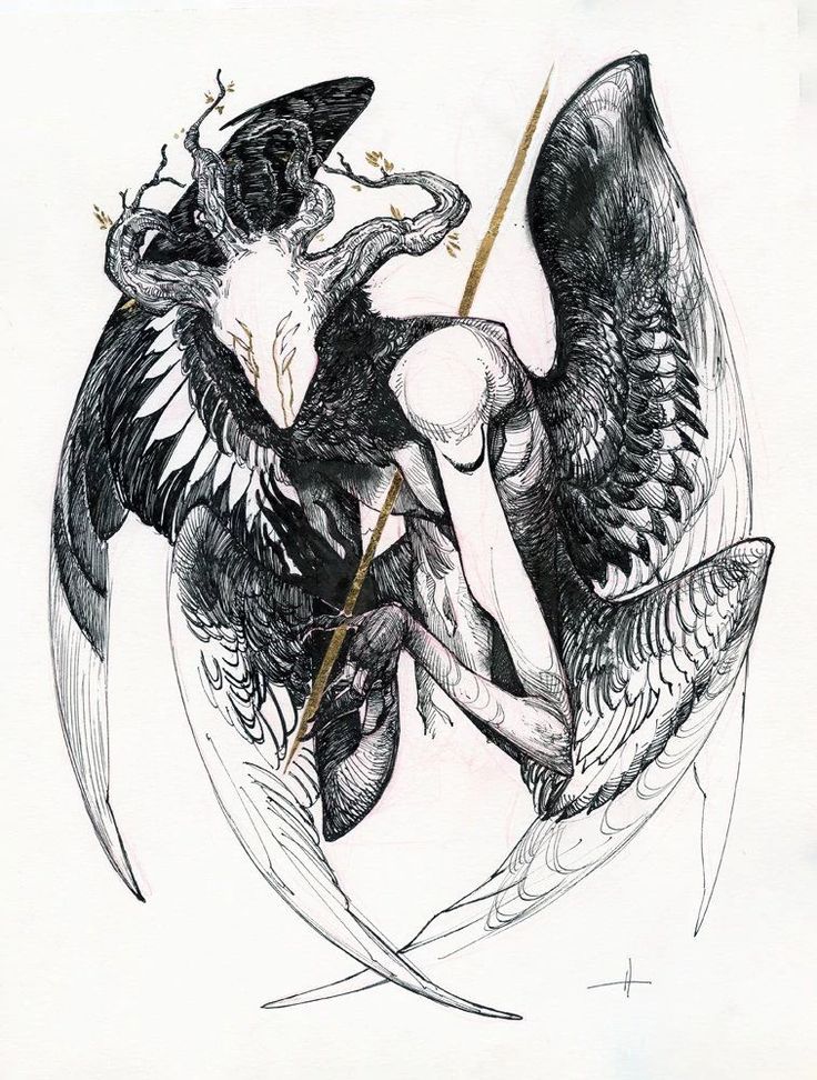 the image is a detailed pen and ink drawing featuring a fantastical winged creature. the creature is depicted with large, intricately rendered wings, a skeletal or emaciated body, and a head seemingly formed from the branches of a dead tree.  a thin, gold line, possibly a staff or spear, is held in its clawed hands. the overall style is dark, gothic, and surreal, blending elements of the angelic and demonic. the high level of detail in the linework and shading creates a striking visual impact. the background is white, allowing the artwork to stand out prominently.