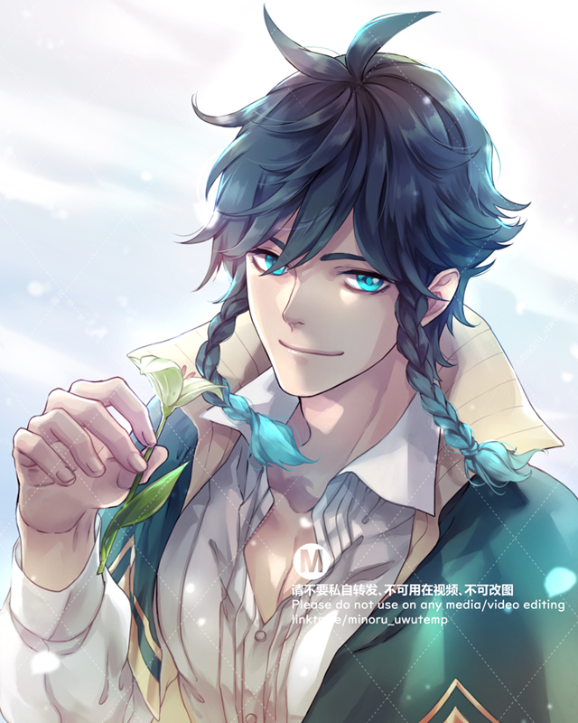 the image is a portrait of a handsome anime boy with blue hair and green eyes. he is smiling and holding a white flower. he is wearing a white shirt with a green jacket. the background is a soft, white background. the image is drawn in a cartoon style.