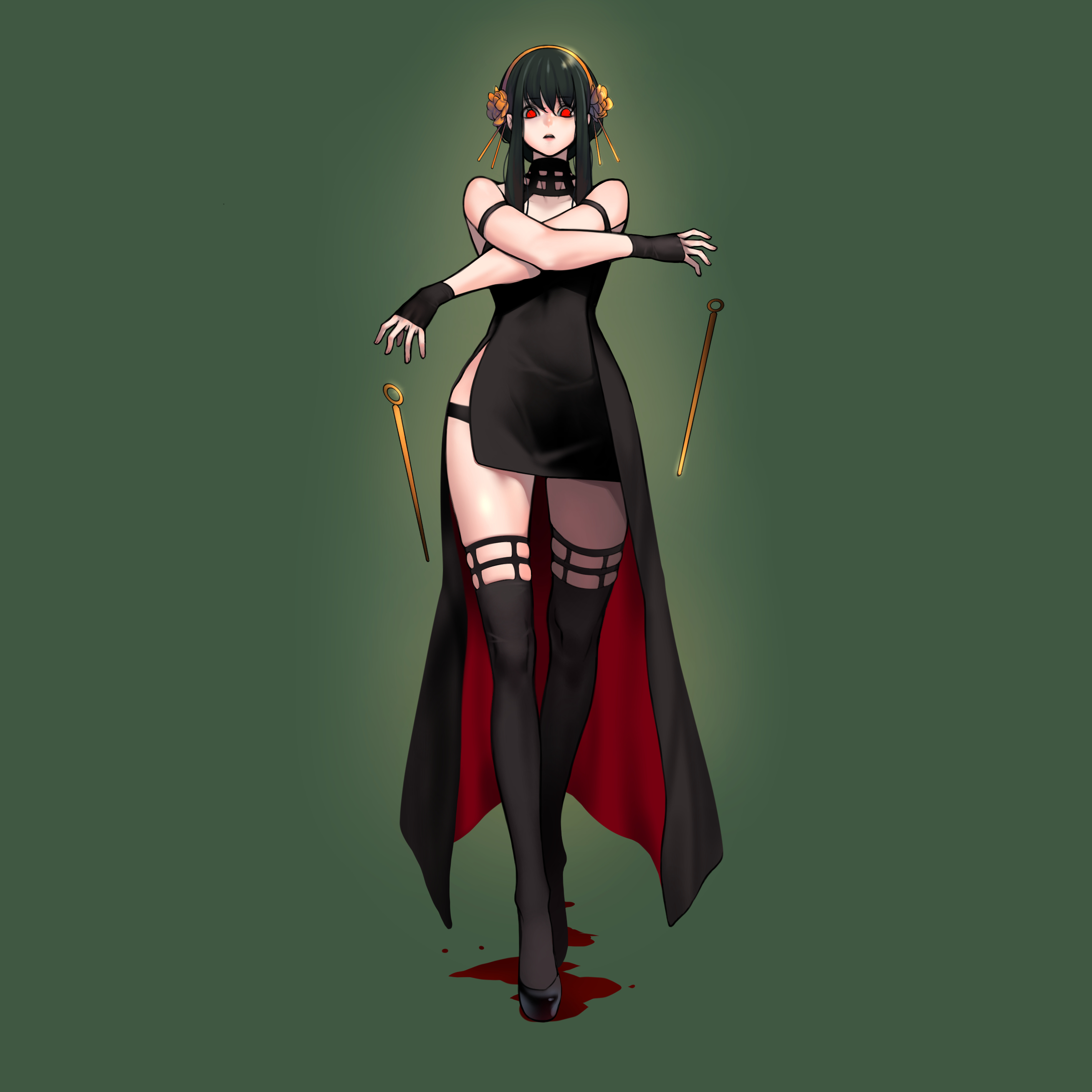 the image showcases a female character with long black hair and captivating red eyes. she wears a striking black chinese dress with a daring thighhigh slit, accentuated by black thigh highs. the dress features a captivating red lining that contrasts beautifully with the overall dark aesthetic.  her accessories include golden hair ornaments and armbands, adding a touch of elegance to her fierce appearance. the character confidently wields golden chopsticks as weapons, and a hint of blood near her feet hints at her deadly skills. she stands against a solid, muted green background, drawing all attention to her enigmatic presence. the soft lighting and rim light technique enhance her features, creating a sense of depth and intrigue. this captivating illustration masterfully combines elements of fantasy, beauty, and danger, leaving a lasting impression on the viewer.