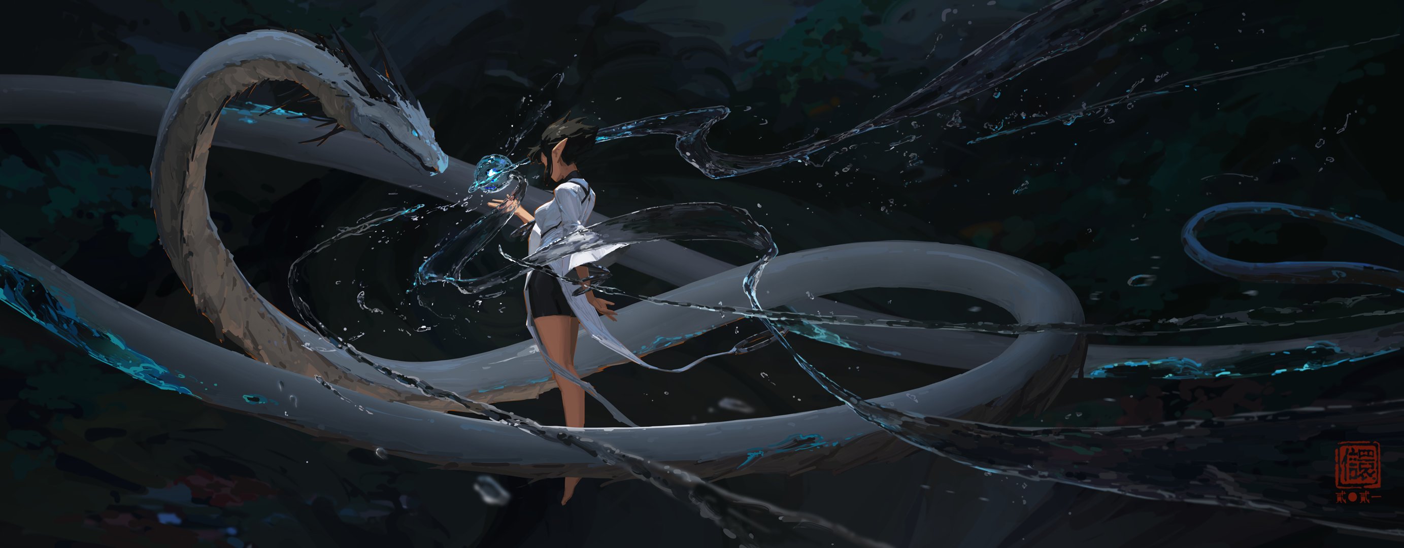 the image is a digital painting in a dark fantasy style, possibly inspired by anime or chinese art. it depicts a young woman with dark hair and elvenlike ears, dressed in a white, flowing robe, interacting with a large, serpentine water dragon. the dragon is predominantly grayblue, and its form is intertwined with streams of glowing, turquoise water. the woman holds a small, glowing blue orb, suggesting a magical connection between her and the dragon.  the overall atmosphere is dark, mysterious, and serene, with a focus on the graceful movement of the water and the ethereal quality of the scene. the background is indistinct, focusing the viewer's attention on the central figures. a small, red artist's seal is visible in the bottom right corner.