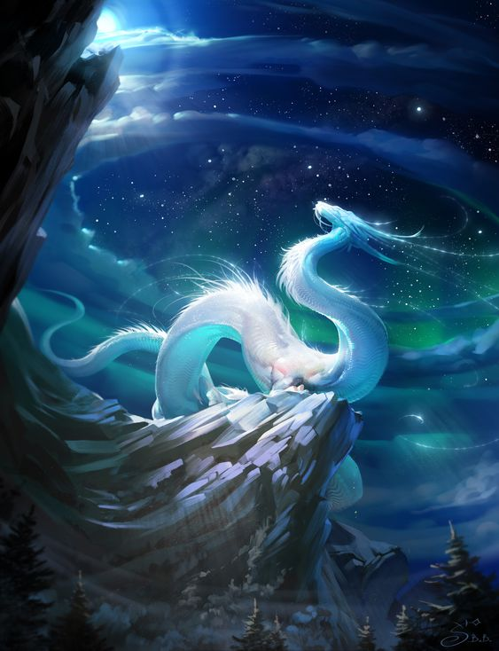 a majestic white dragon rests atop a rocky cliff under a vibrant night sky filled with stars and swirling aurora borealis. the dragon has a serpentine body and ethereal presence, with a long neck and delicate features. the surrounding landscape includes mountains and pine trees, creating a fantastical and enchanting scene. the style appears to be an artistic illustration.