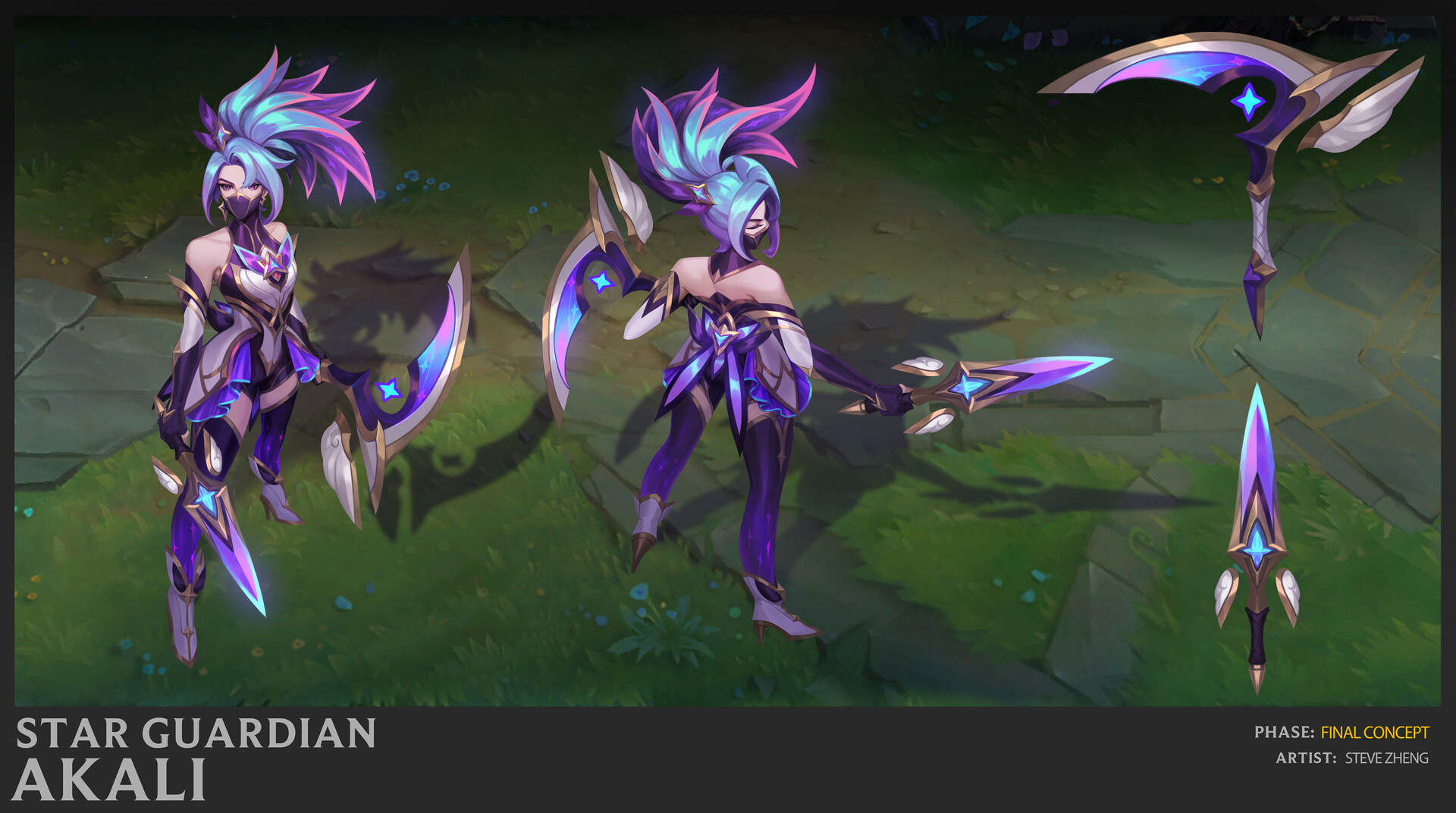 this image is a concept art for the star guardian akali skin from league of legends.  it features akali in a purple, pink, and blue outfit with a crescentshaped sword and a dagger.  the background is a green field with some flowers.  the art is titled "star guardian akali" and "final concept" by artist steve zheng.