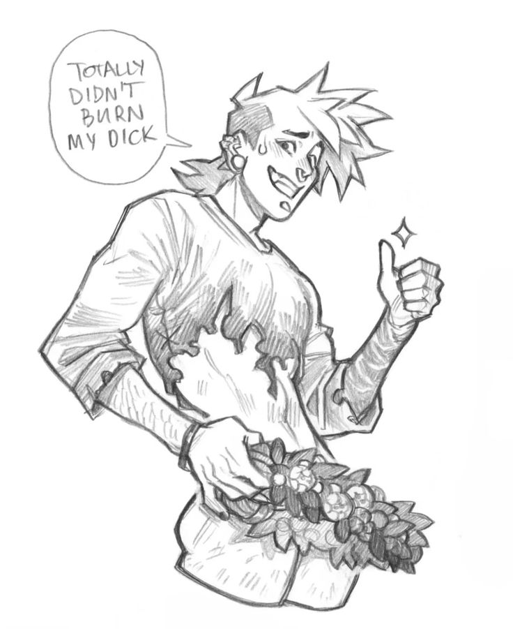 a pencil sketch of a cartoonlike young man with long hair, pierced ears, and a casual outfit. he is smiling and giving a thumbs up gesture. he is holding a bouquet of flowers near his waist. a speech bubble above him says "totally didn't burn my dick". the style is expressive and stylized. the overall tone is lighthearted and humorous.