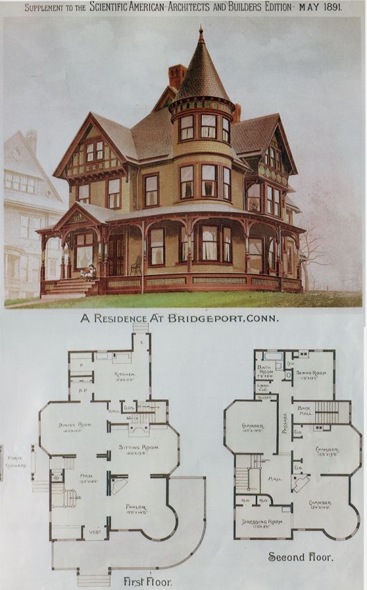 the image is an architectural illustration of a victorianera residence in bridgeport, connecticut, published in may 1891. the top half showcases a detailed exterior view of the house, featuring its ornate queen anne style with a prominent turret, decorative woodwork, a wraparound porch, and a multigabled roofline. the bottom half presents two floor plans: the "first floor" and "second floor." these plans reveal the layout of the rooms, including a parlor, dining room, kitchen, bedrooms, and bathroom, providing a glimpse into the home's spatial organization.