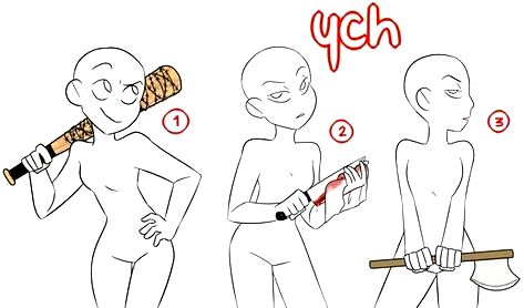 three cartoon anime girl bases in different poses, with weapons. one holds a baseball bat, another holds a knife, and another holds an axe. all are in different poses and with a blank face, perfect to use for drawing your own characters.