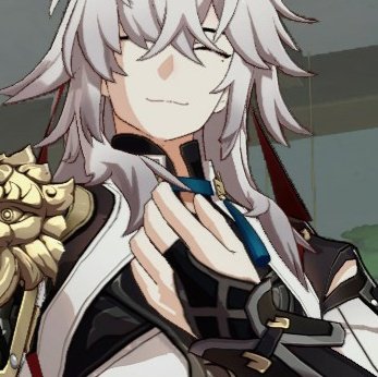 this is a closeup portrait of an anime character with white hair. he is wearing a black outfit with blue ribbon, black gloves, and a smug look on his face. he looks confident and sly, as if he is up to something. he is looking down at something with a smirk on his face.