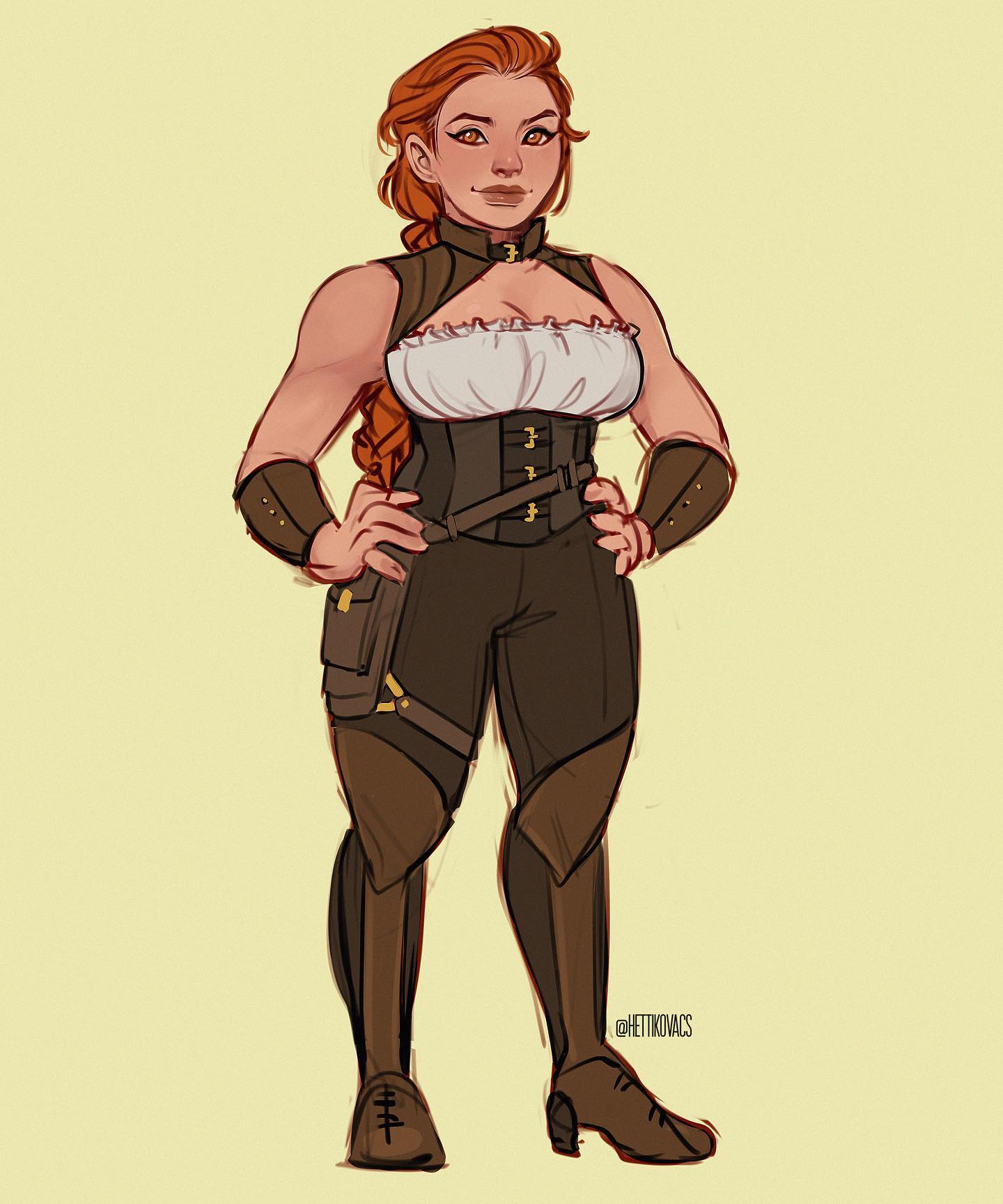 he image is a digital drawing of a female character, possibly designed for a fantasy or steampunk setting. she has reddishbrown hair, muscular arms, and is dressed in a brown steampunkinspired outfit which includes a corset, brown pants,  brown boots, and leather arm guards. her expression is confident and she is standing with hands on her hips. the style of art is semirealistic with a focus on details in the clothing and character design. the background is a plain light yellow/beige.