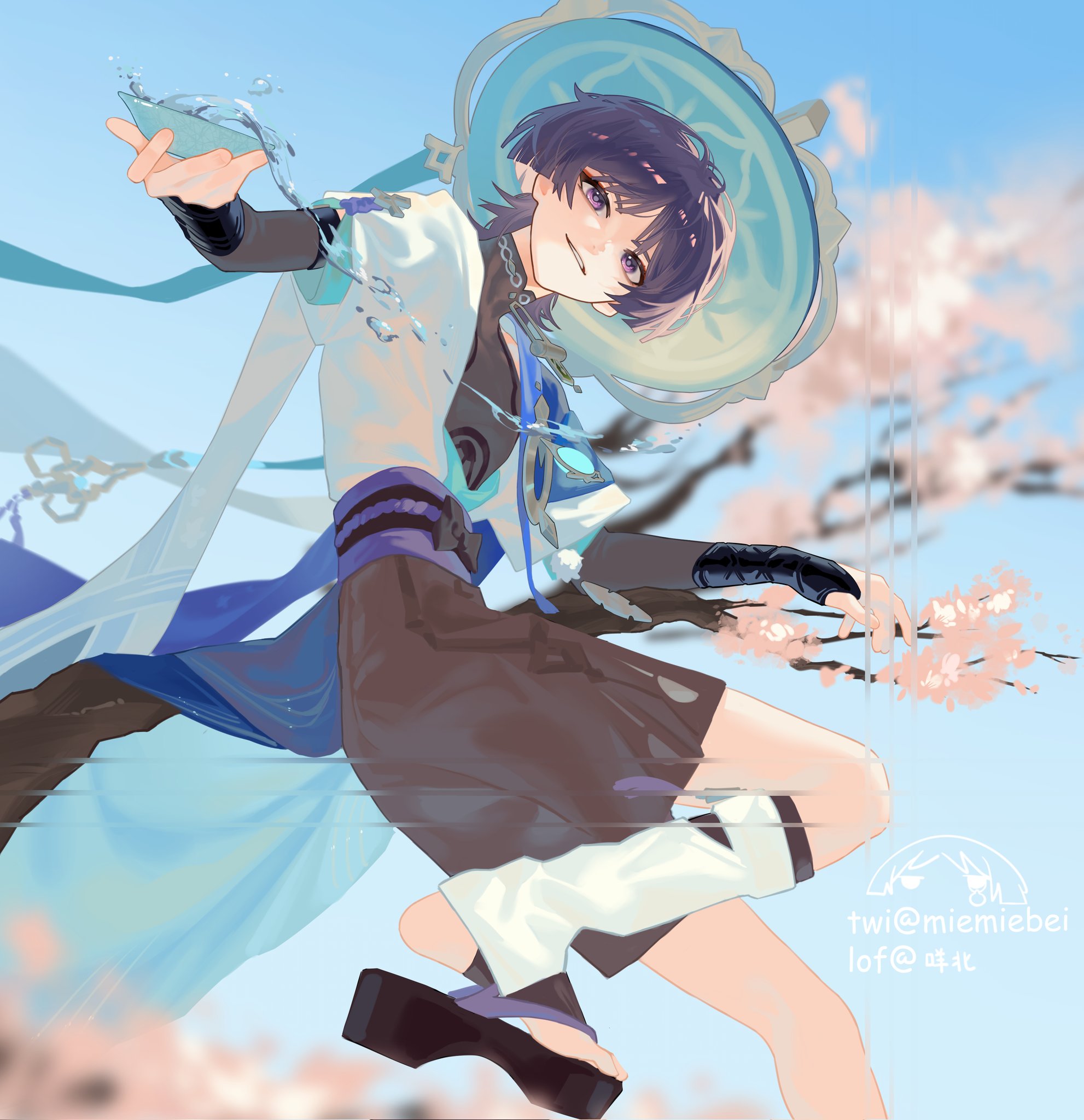 a male anime character with blue and white clothing is flying through the air with a blue hat. the character is holding a water element weapon, and there is a water effect around the character. the background is a sky with pink flowers.