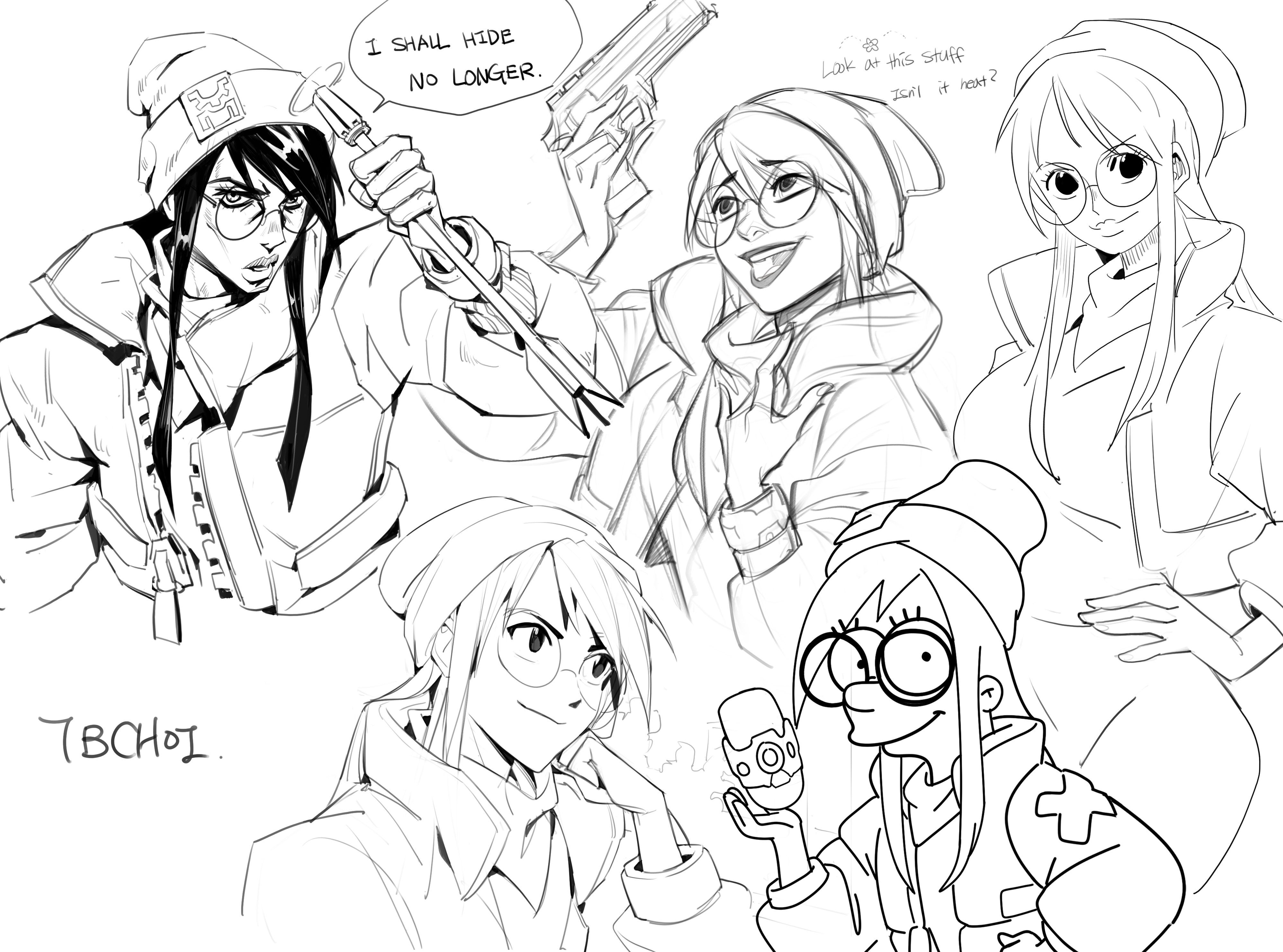collection of black and white sketches depicting various female characters in different poses and styles.  the art is expressive, showing a range of emotions and attire. some characters wear glasses and beanies. one character holds a crowbar, another a gun, and others hold various objects. the overall style is reminiscent of comic book or graphic novel illustration. the artist's signature "7bchoi" is visible in the bottom left corner. the sketches seem informal and possibly concept art in nature.  one speech bubble reads "i shall hide no longer."