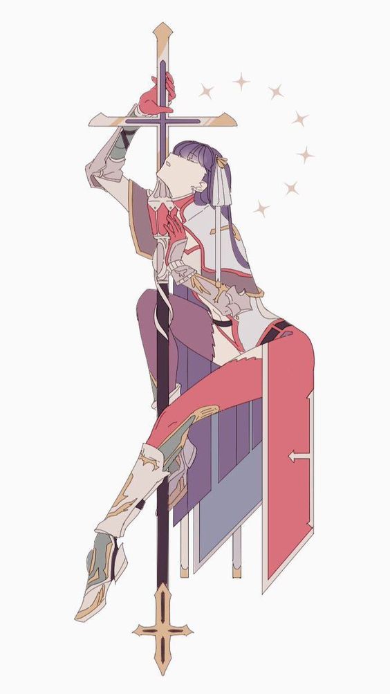 the image depicts a female warrior, likely a knight, in stylized armor. she is posed gracefully, almost dancing, with her body leaning on her sword. her armor is predominantly white and red with gold accents, and she has long, dark hair. the background is a plain white, drawing focus to the character's pose and design.