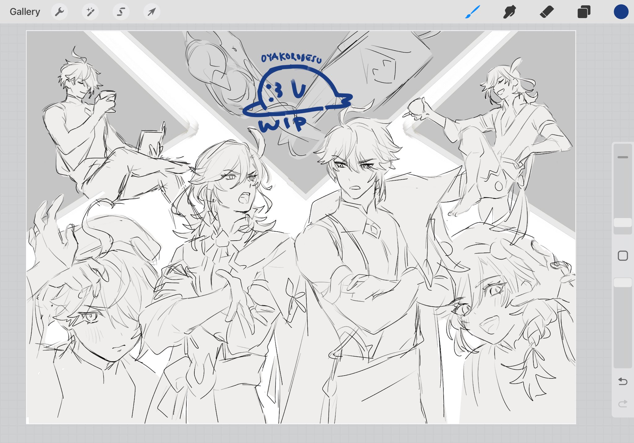 the image is a digital sketch of five anime characters.  there are two males on the left side of the image and one male and two females on the right side. the characters have different expressions and poses, suggesting they are in the middle of an actionpacked scene.  the image is drawn in black and white, giving it a clean and classic look. the characters have big eyes and  distinct hairstyles. the overall style of the drawing is energetic and engaging.