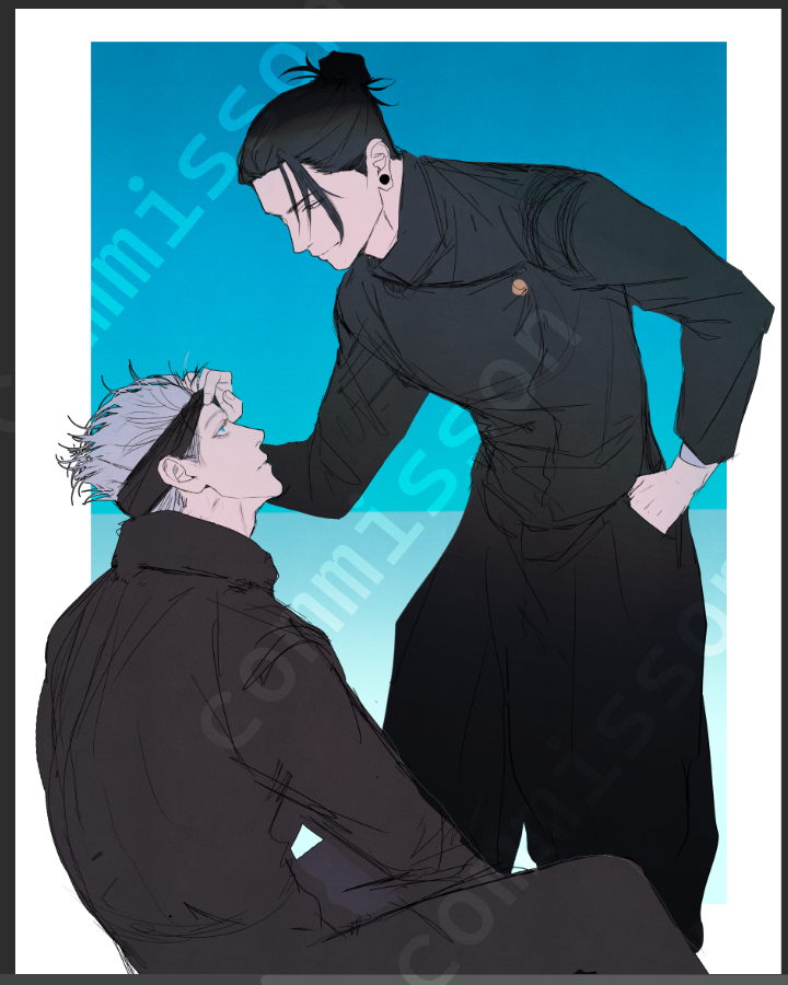 the image depicts two young men, one with silver hair and the other with black, standing against a blue background. the silverhaired man is