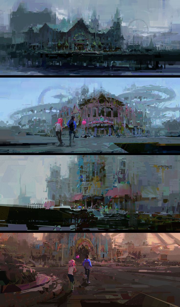 he image is a digital painting, likely concept art for a game or film, showing a series of four panels depicting a decaying cityscape.  the style is painterly and atmospheric, with loose brushstrokes creating a hazy, muted color palette dominated by greys and browns.  each panel shows a different view of the same location,  progressing from a relatively intact, though old, city, to a more clearly ruined and desolate state. a prominent feature throughout is a large, partially destroyed amusement park or carnival area, with remnants of a rollercoaster visible in some panels. the final panel displays a sense of complete desolation, with rubble and broken buildings across an empty street.  in the final two panels, small figures of two children and an adult can be seen, suggesting a narrative element and scale to the environment. the overall mood is melancholic, hinting at a postapocalyptic or dystopian setting.  the artist masterfully uses texture and atmospheric perspective to create a sense of depth and convey a strong narrative.