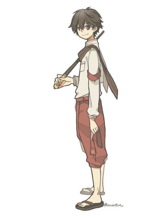 the image is a digital illustration of an anime boy with brown hair and red pants. he is standing with his left hand holding a black stick. the boy is wearing a white shirt and slippers. the background is white.
