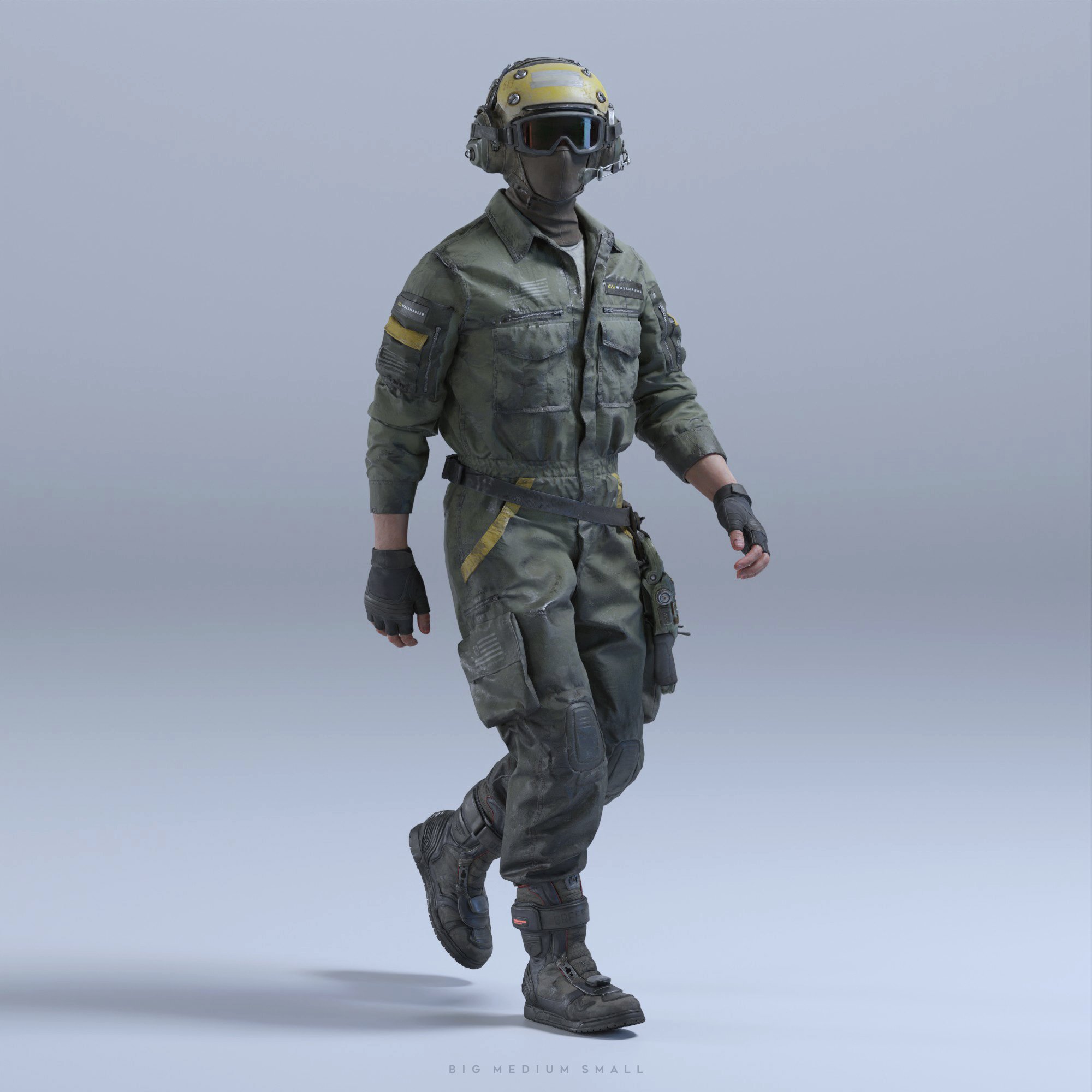 the image is a 3d render of a soldierlike character walking. the character is wearing a futuristiclooking, olivegreen combat jumpsuit with yellow accents, tactical gloves, high boots, and a helmet with integrated goggles. the background is a plain, light grey. the character appears to be in motion, with a realistic portrayal of clothing and equipment. the overall style is realistic and might be suitable for video games or illustrations of military or scifi themes.  the render appears highquality and detailed.