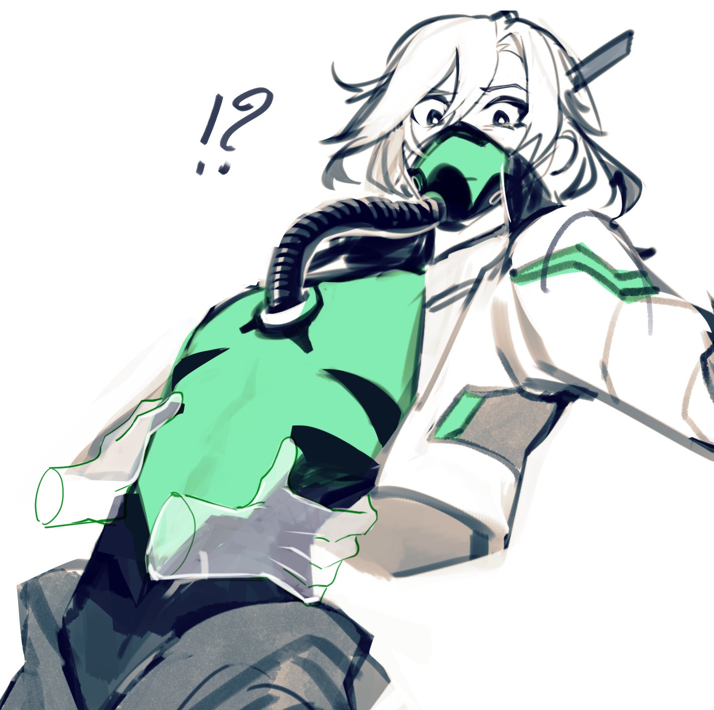 a digital illustration of a young anime girl with white hair wearing a white jacket, green mask, and a green air tank strapped to her chest. she looks shocked and surprised with her mouth open and her eyebrows raised. there is a question mark floating above her head.