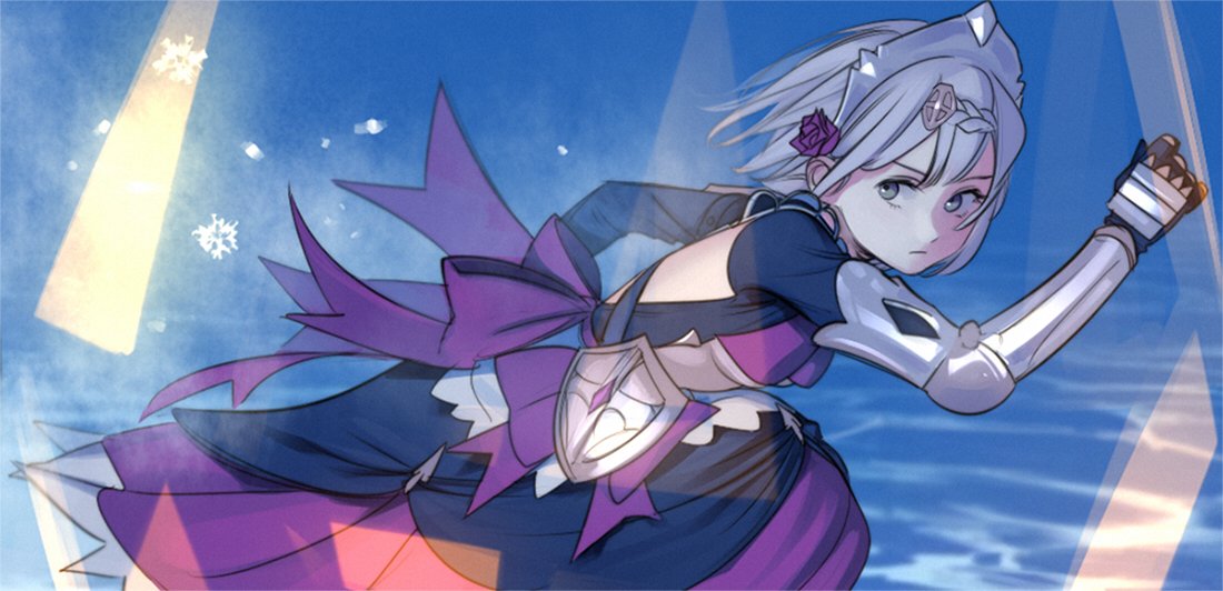 he image shows a female anime character in midair, likely engaged in a battle or fight. she has silver hair and wears armor with a pink and purple color scheme. the perspective is dynamic, capturing the energy of her movement. the background suggests a bright sky, possibly with magical elements.