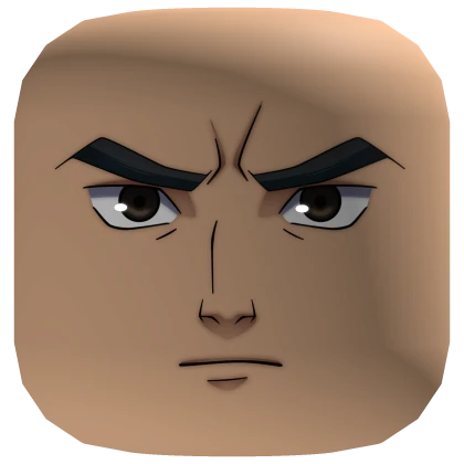 a closeup image of a cartoon man's face from the roblox game. the character has dark eyebrows, eyes, a nose, and a mouth. the face has a serious or stern expression. the roblox avatar's head is blockshaped.