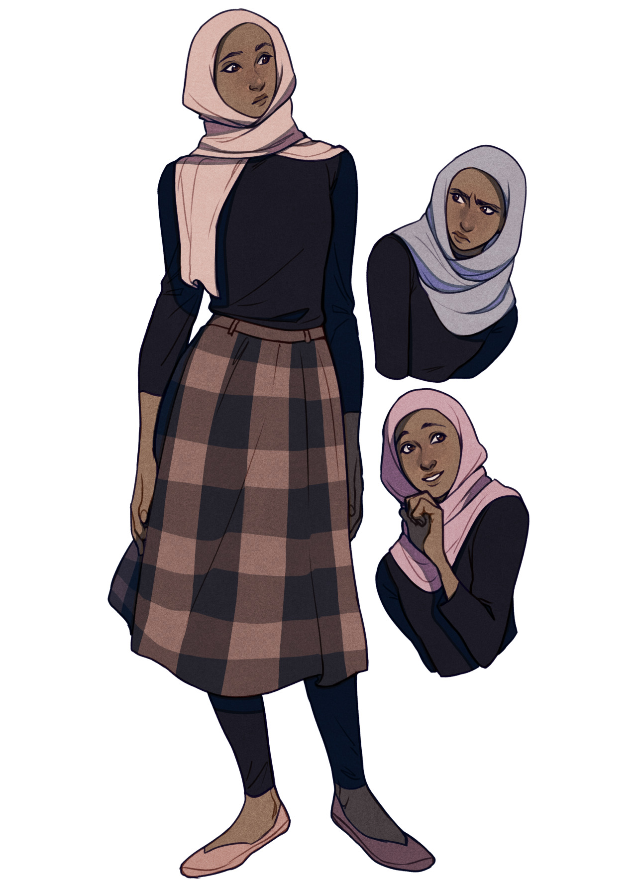 this is a fashion illustration featuring a young black muslim woman. she is wearing a black longsleeved shirt, a brown plaid skirt, black leggings, and pink ballet flats. her hijab is a light pink color. two smaller illustrations of her head and shoulders, each featuring a different colored hijab (bluegray and light pink), flank the main figure.