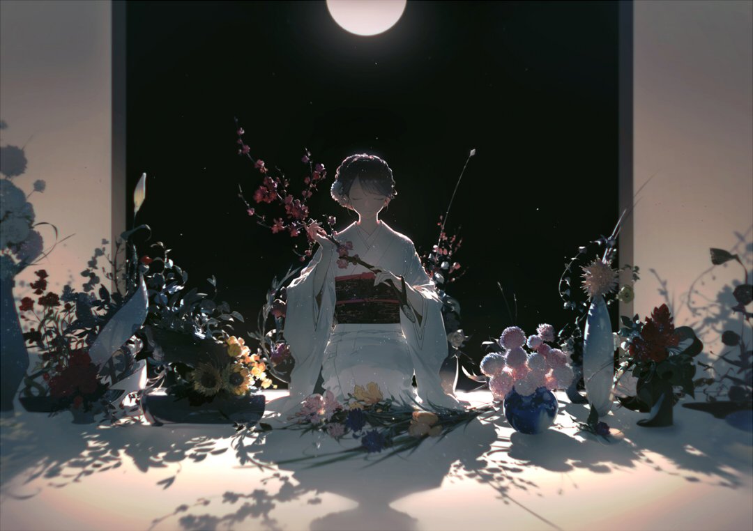 the image depicts a woman in a white kimono kneeling amidst a variety of flowers and vases, with a dark background and a bright moon overhead. the scene is stylized and artistic, suggestive of a japanese aesthetic. the floral arrangement is central, with a mix of colors and types of flowers.