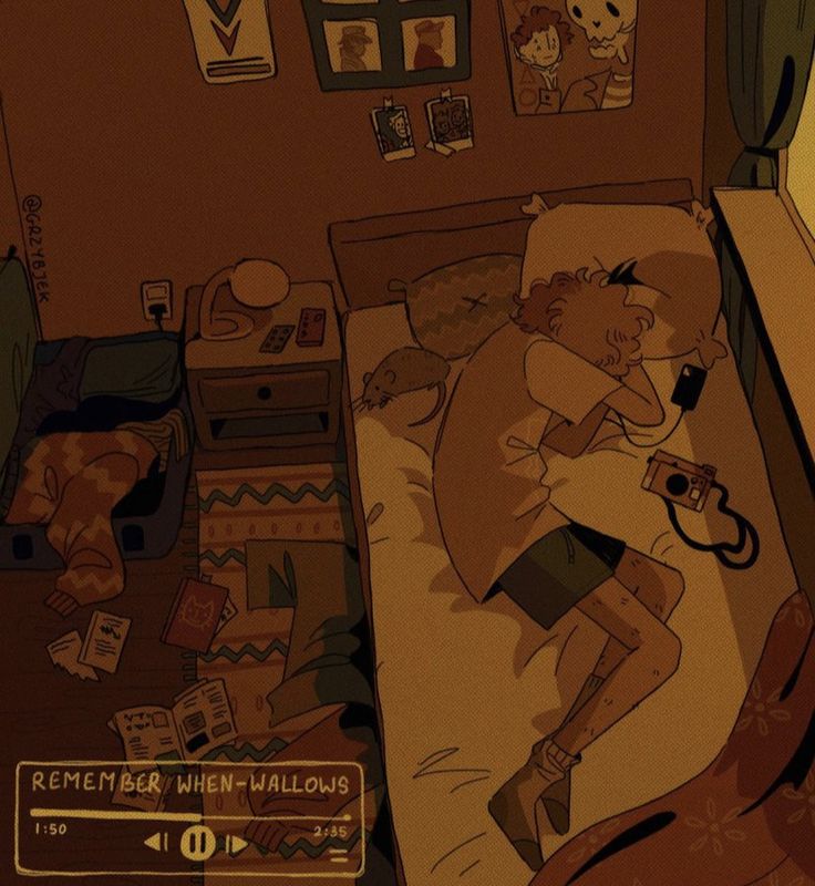 the illustration is a cozy bedroom scene with a person sleeping on a bed. the person is wearing a white shirt and shorts and is lying on their side with their head on a pillow. they are listening to music with headphones and holding a phone. there is a small rat on the bed beside them, and a lamp on a nightstand next to the bed. there are also some books and luggage on the floor. the overall tone of the illustration is one of peace and relaxation.