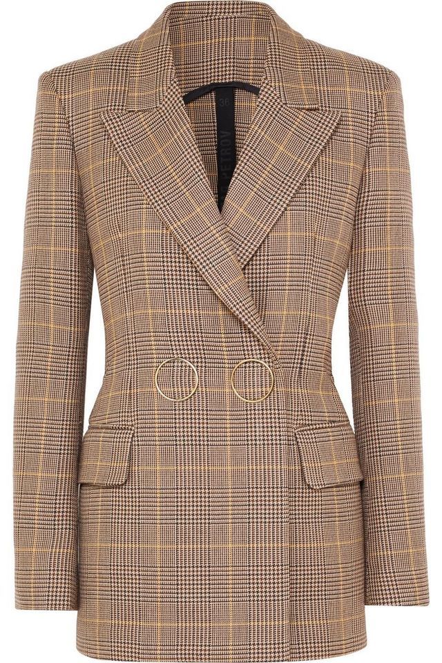 a brown and tan checkered blazer with gold circles acting as closures. the blazer has long sleeves and a doublebreasted design.