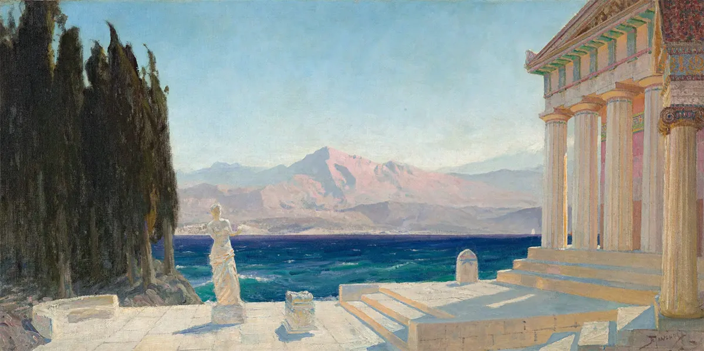 the painting depicts a classical architectural landscape with a temple situated near the ocean. in the foreground, a white statue stands near the water, and to the right, a partially ruined temple with tall columns is visible. a body of water stretches out towards the horizon, with mountains in the distance under a light blue sky. tall, dark green trees are on the left side of the composition. the overall impression is one of peace and timeless beauty.
