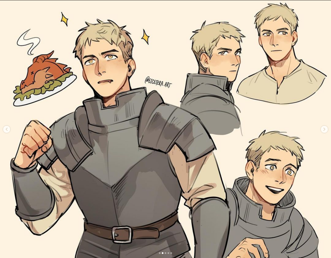 the image shows four different drawings of reiner braun, a character from the anime and manga series attack on titan. he's shown in various poses and expressions, including a determined look, a thoughtful look, and a happy smile. he's wearing armor in three of the drawings. in one of the drawings, he's reaching for a plate of food. the image is drawn in a digital art style, with a soft and warm color palette.