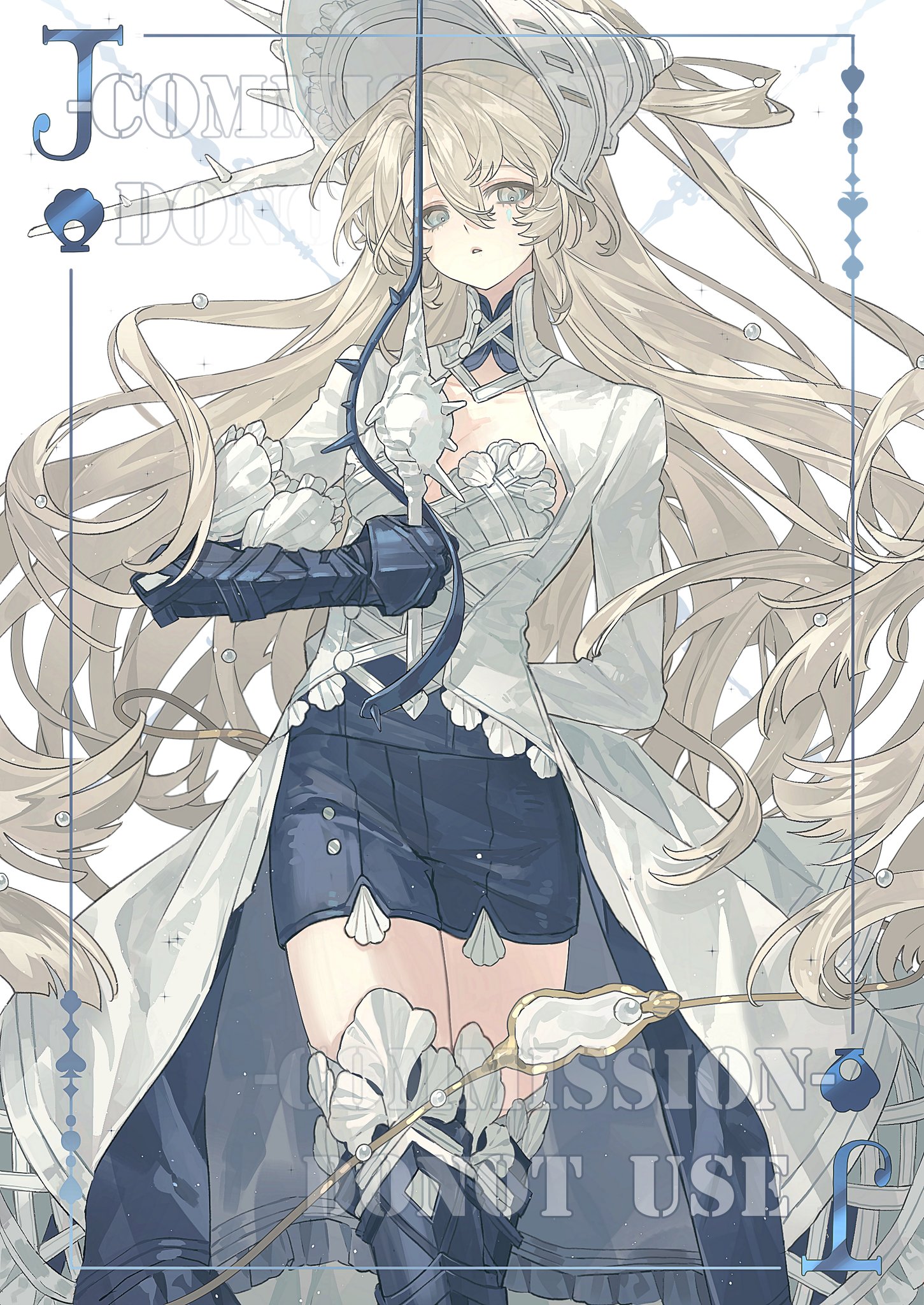an animestyle female character with long blonde hair and blue eyes is depicted in a stylized pose. she wears a white coat over blue shorts, both adorned with seashell accents. her attire includes a gauntlet on one arm and a distinctive headdress. she holds a staff. the background features playing card suit motifs (clubs and hearts) and the text "commission do not use".
