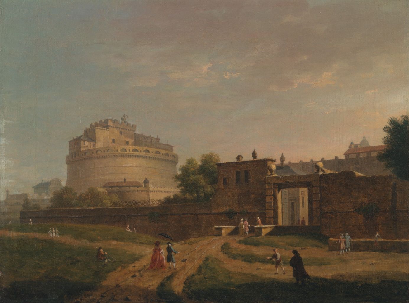 the image is a painting of castel sant'angelo in rome, italy. the fortress is a large, circular building with a tiered top and a statue on top. in the foreground, there is a landscape with a wall and gate, and people are depicted in various activities, such as walking, sitting, and playing. the sky is cloudy and the overall tone of the painting is warm and muted.
