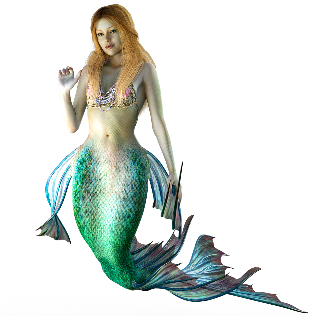 an image portrays a digital rendering of a mermaid against a black background. the mermaid has fair skin, reddishblonde hair, and is adorned with a beaded top. her lower body transitions into a green scaled tail with multiple fins. she is depicted in a pose with one hand raised, appearing to wave, while the other hand rests near her tail. the image evokes a sense of fantasy and showcases the mythical creature in a portraitlike style.