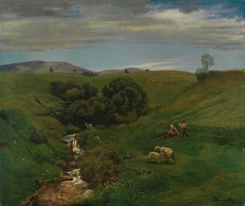 the image is a painting depicting a lush green landscape with rolling hills and a stream flowing through a valley. a flock of sheep is grazing near the stream. two figures, possibly shepherds, are situated on the hillside near the sheep. the background features a cloudy sky and distant mountains. the artwork appears to be a classical landscape painting, possibly from the 19th century, with a pastoral theme.