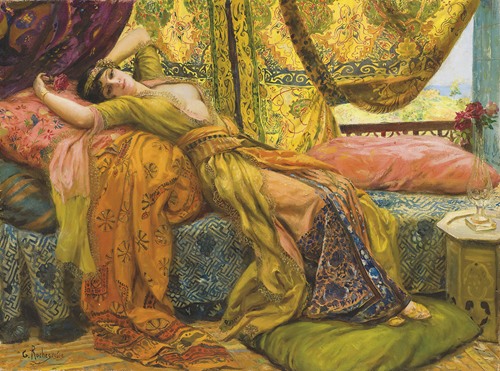 the image is a painting in the orientalist style, depicting a woman reclining on a couch piled with cushions and pillows. she is dressed in an elaborate gown and wears jewelry and a headdress. the couch is covered in colorful fabrics and textiles. the scene appears to be set in a bedroom or interior space, with a balcony visible in the background. a vase of flowers sits on the balcony. a small table with a glass on it is next to the couch. the overall style is opulent and exotic.