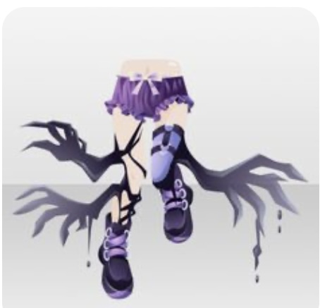 a pair of legs sporting a gothicinspired outfit. the ensemble includes purple shorts, black and purple boots with buckles and straps, and dramatic black wings that extend from the legs and drip a shadowy substance.