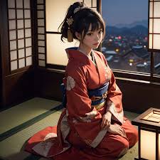 a young woman wearing a vibrant red and white kimono sits gracefully on a tatami mat floor in a traditional japanese room. the shoji screen behind her frames a view of a village illuminated by the warm glow of evening lights. the soft lighting emphasizes the serene and elegant atmosphere of the scene.