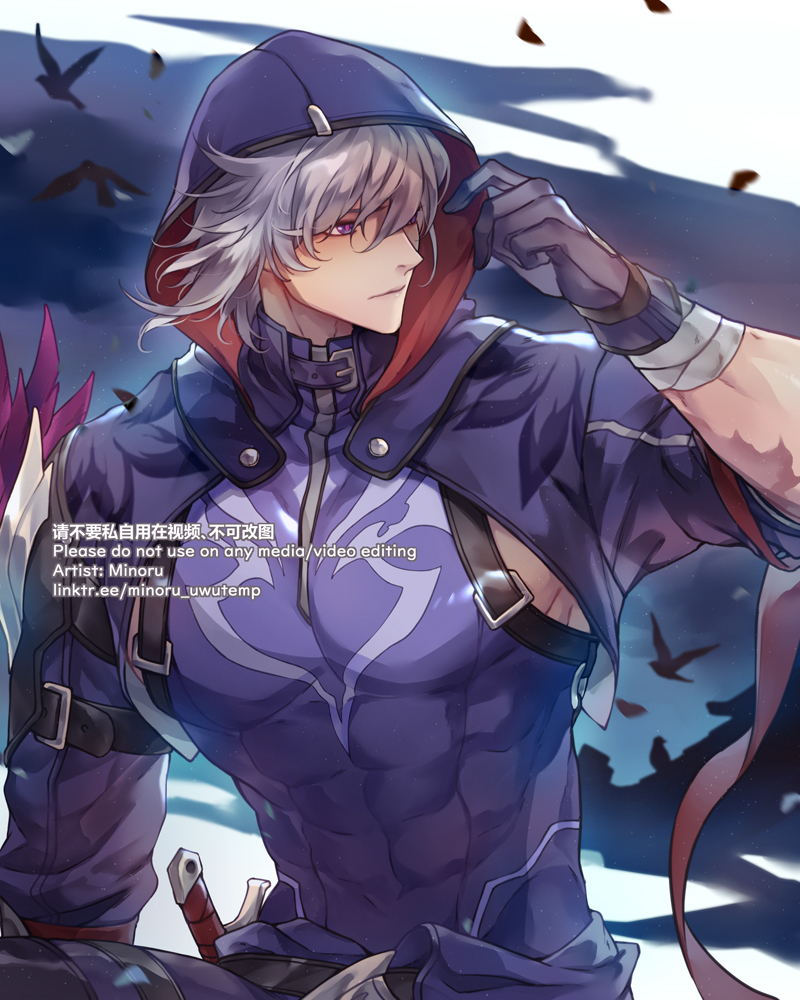 this is a digital illustration of a male anime character. he has white hair, purple eyes, and is wearing a purple and blue cloak with a hood. he has a dark fantasy warrior aesthetic and is standing in a dark, shadowy environment. the art is very detailed and wellrendered.