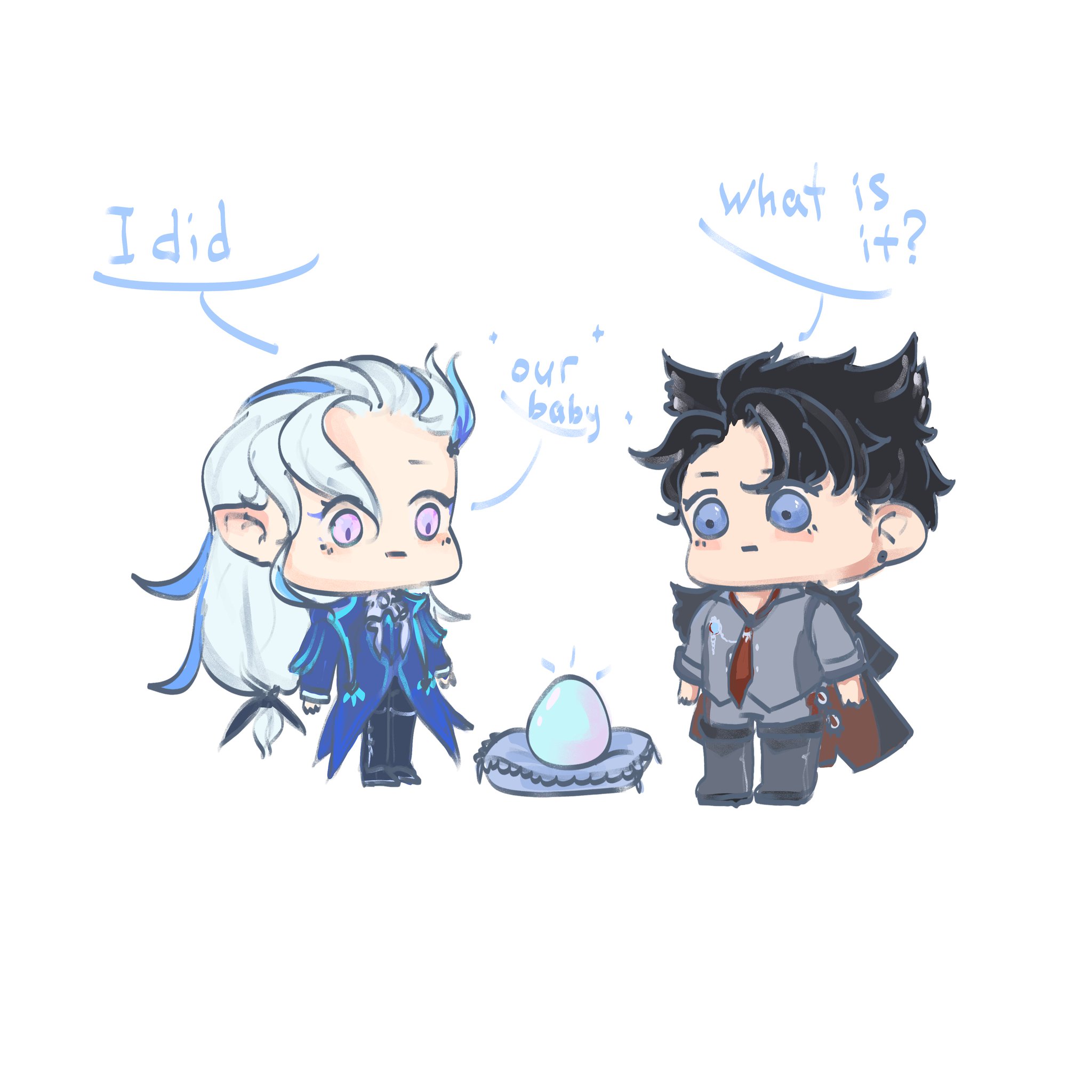 this image features a cute cartoon couple with a blue, glowing egg between them. the character on the left, with white hair, is saying "i did" with a proud and excited expression, while the character on the right, with black hair, is looking at the egg with surprise, asking "what is it?" both characters are drawn in a chibi style, with big eyes and small bodies, and the overall aesthetic is cute and playful. the image is filled with bright colors and warm tones.