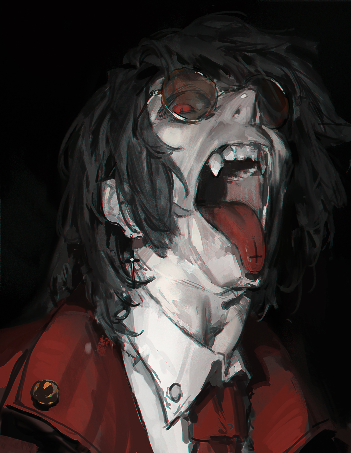 this is an artistic rendering of alucard from the hellsing anime/manga series. he is depicted with an open mouth, extending his tongue, which features a cross. he has red eyes, sharp fangs, and wears glasses. he is wearing a white shirt under a red coat and has black hair. the style is gothic and painterly.