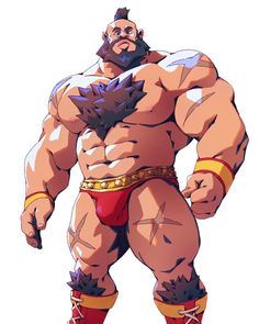 a digital illustration featuring a muscular, barechested male character. the character, possibly a wrestler or fighter, stands with his chest puffed and fists clenched, showcasing his powerful physique. he has a thick beard and a determined expression. his attire includes red and gold wrestling boots and a red loincloth with a gold belt.  the character is positioned against a white background.