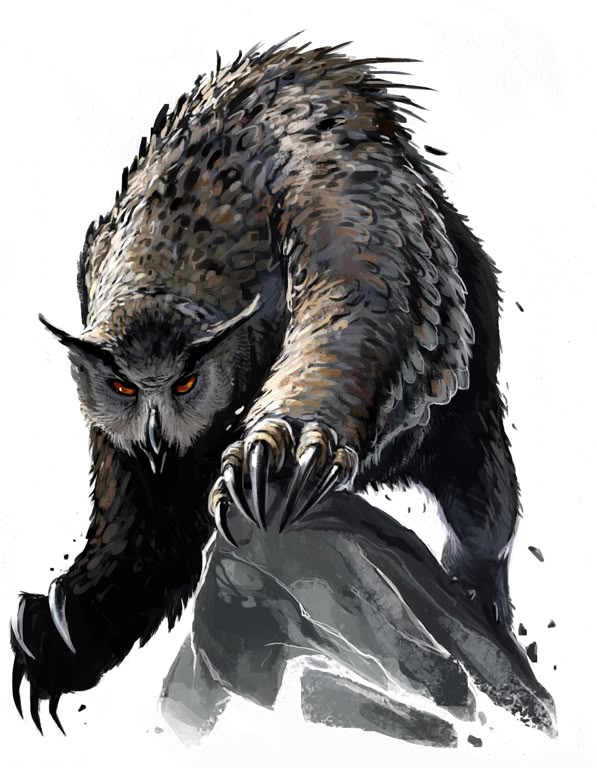 a digital illustration of an owlbear, a fantasy creature with the body of a bear and the head of an owl, standing over a rock.