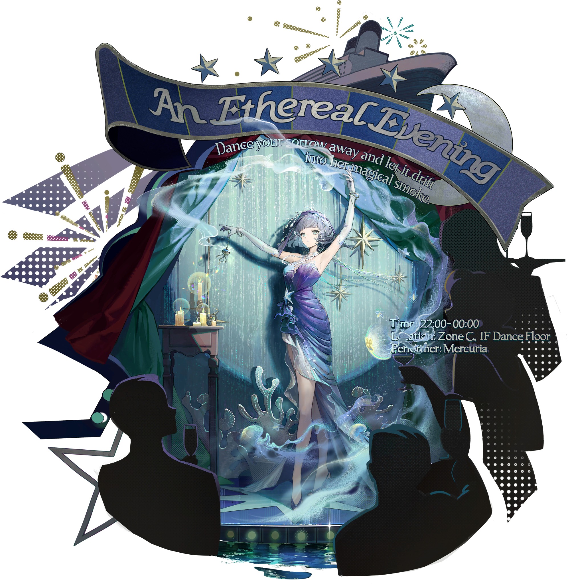 the image is a promotional poster for an event called "an ethereal evening." it features a beautiful woman in a flowing, elegant dress seemingly dancing on a stage surrounded by magical smoke. the overall tone is dreamy and ethereal, with a color palette of blues, purples, and silvers. stars and sparkles add to the magical atmosphere. the text includes details about the time, location, and performer. silhouettes of people in the audience suggest a performance setting.  the style is reminiscent of fantasy illustrations or concept art.