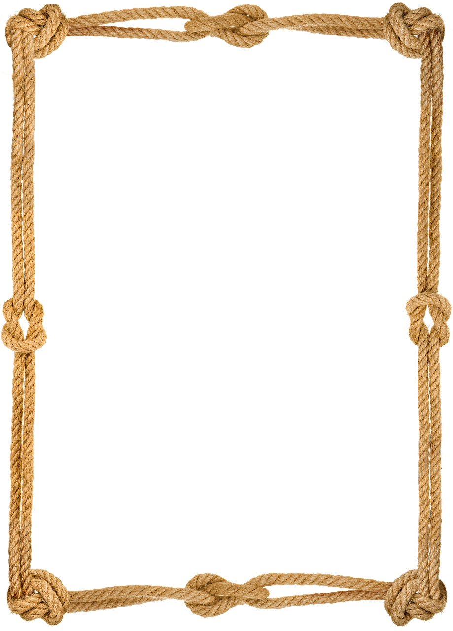 the image shows a rectangular frame made of thick brown rope with knots at the corners and along the edges. the background is black.