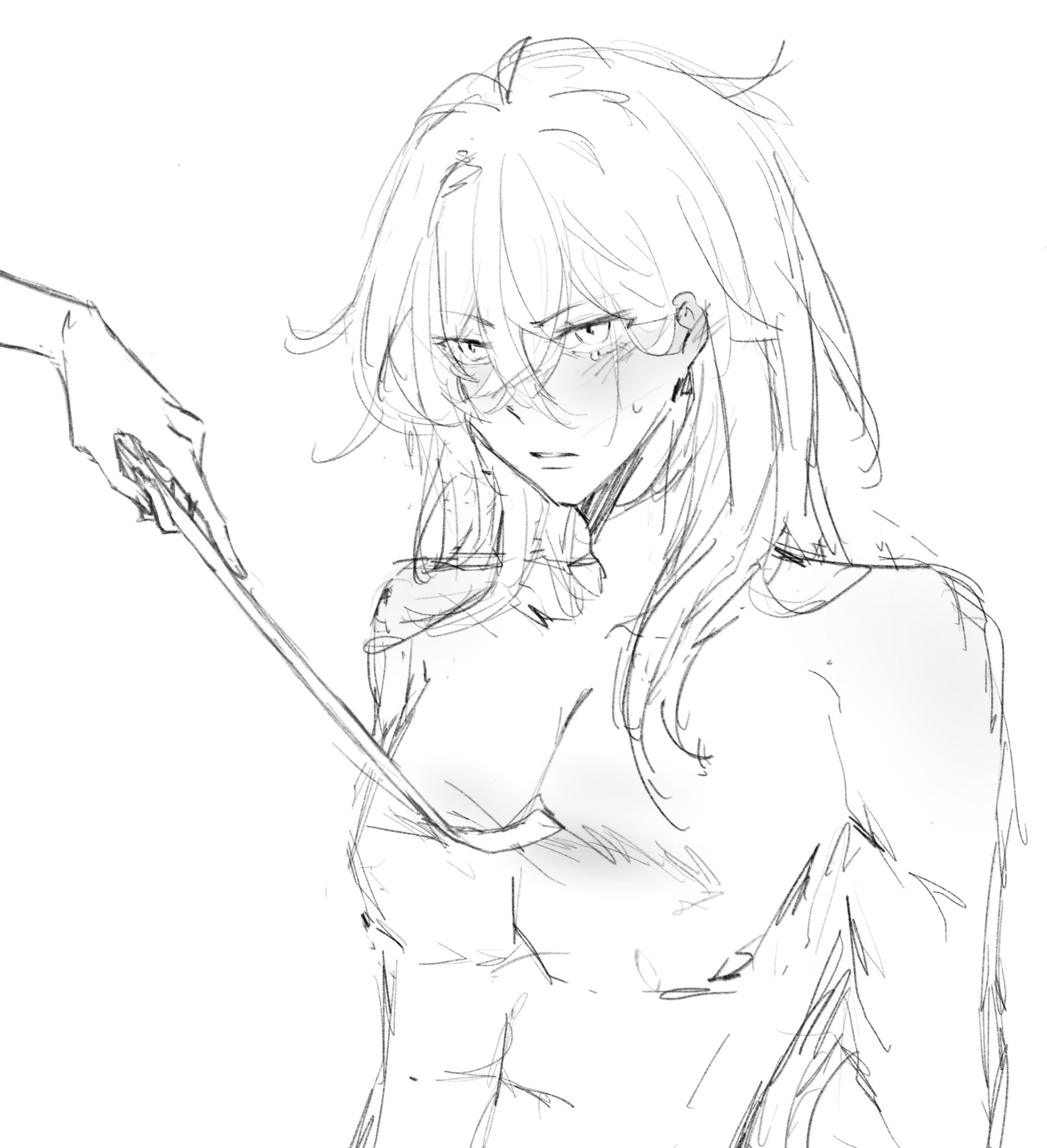 a hand is shown from the top of the frame pointing a stick towards a female anime character with long hair. the anime character is blushing with an annoyed expression. the drawing is in simple black and white sketch style.