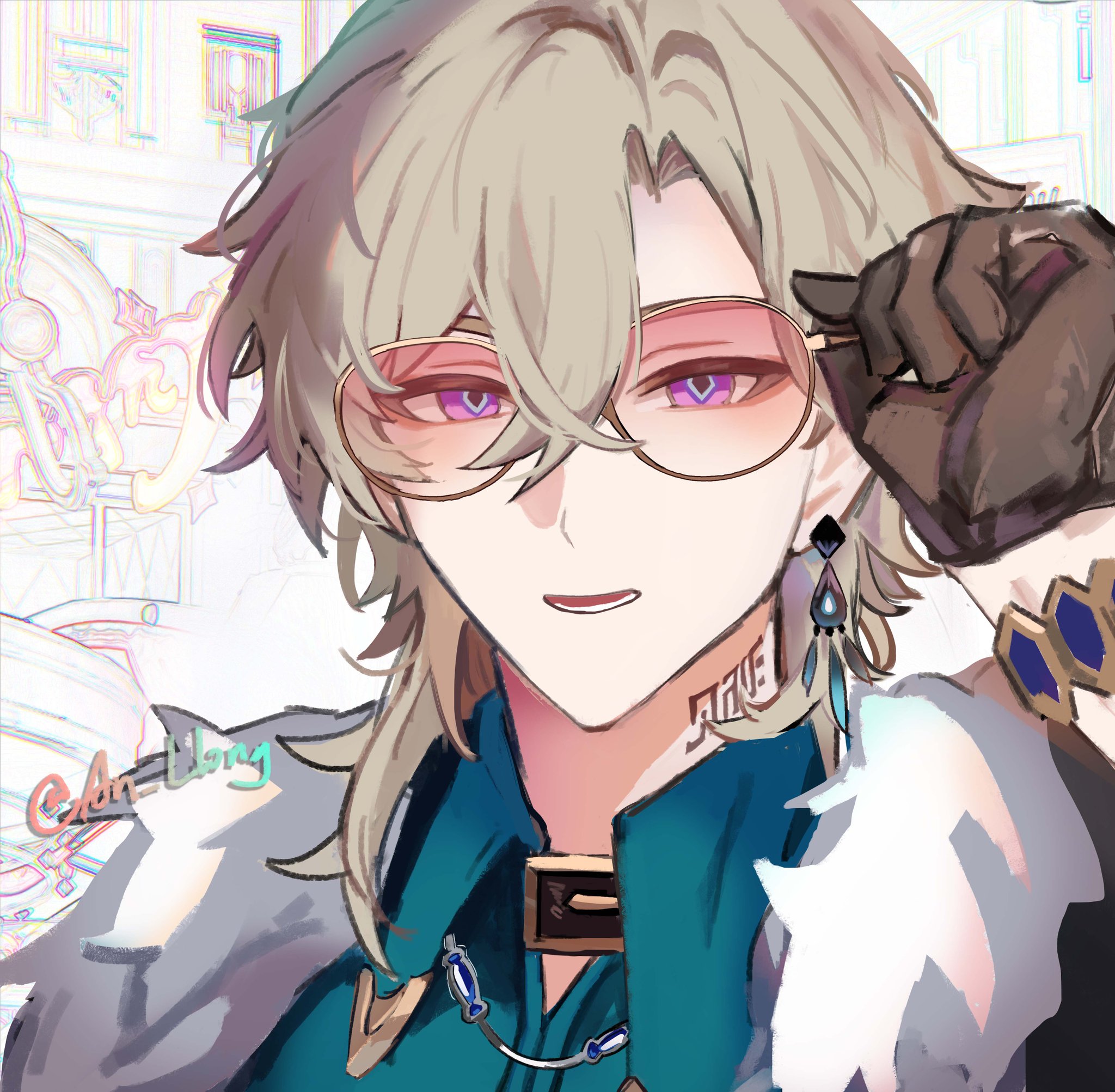 the image features an animestyle male character with light brown hair, purple eyes, and a slight smile. he's wearing glasses with tinted lenses, a teal shirt with decorative chains, and has a fur collar. his right hand, adorned with a black glove, is lifting his glasses slightly. the character also has a tattoo on his neck and is wearing jewelry, including earrings and a bracelet. the background is a blurry cityscape.