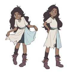 a digital illustration showing two different poses of the same female character. the character has dark brown, curly hair, brown skin, and is wearing a white and light blue dress. she's also wearing brown boots and socks, and has bracelets on both wrists and upper left arm.